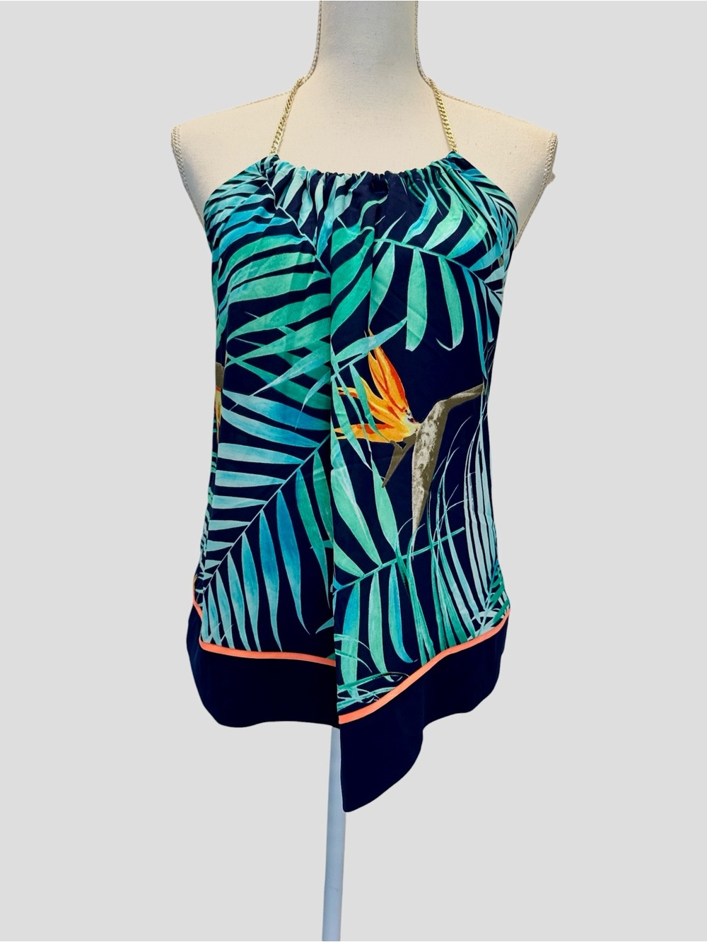 Express NWT Tropical Palm Print Handkerchief Top M Bird of Paradise Chain Halter